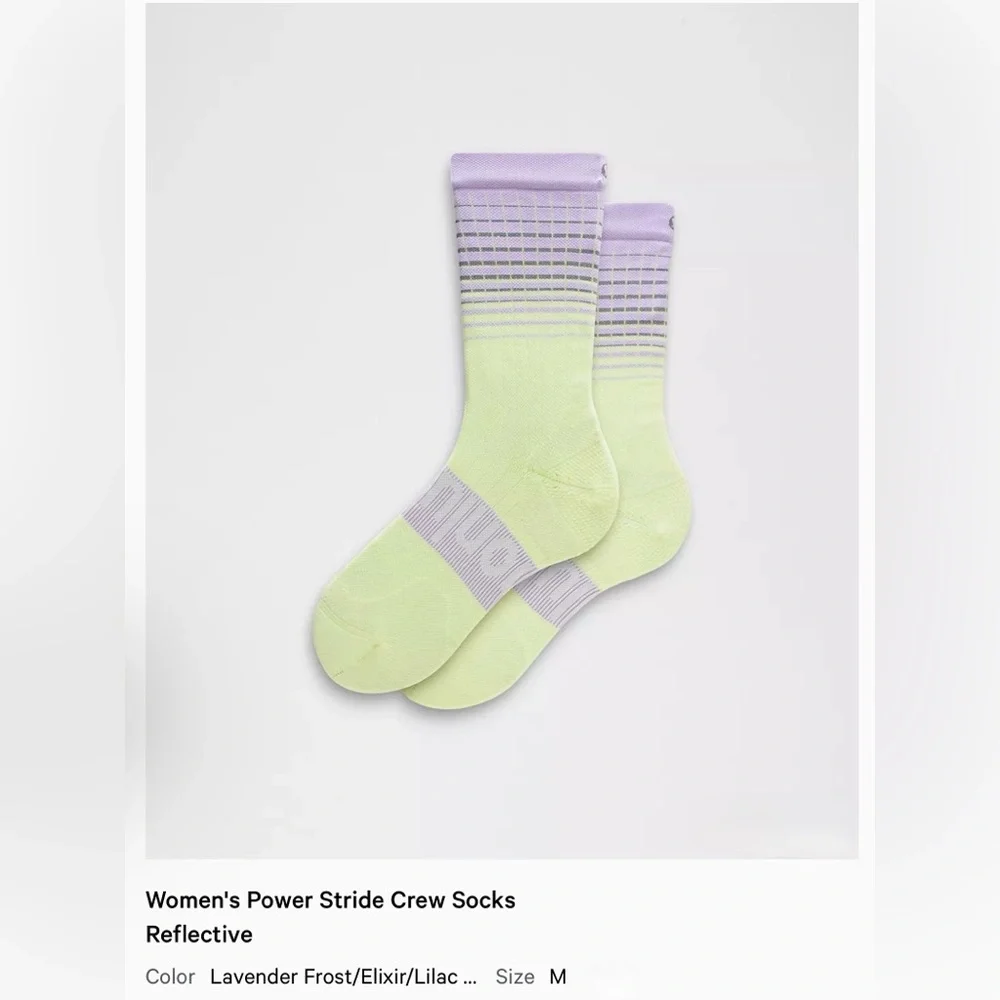 lululemon power stride NWT crew socks, Wordmark, reflective,M, lavender yellow